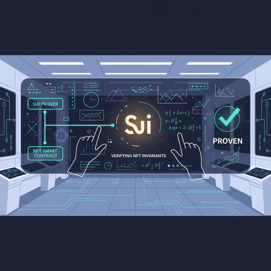 Sui prover interface verifying NFT invariants mathematically, graphs and proofs glowing, sci-fi verification lab