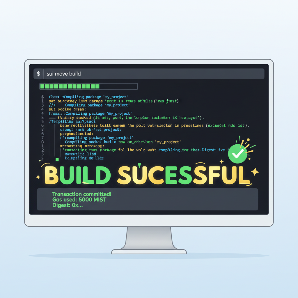 terminal showing successful sui move build output, build success animation, vibrant success colors