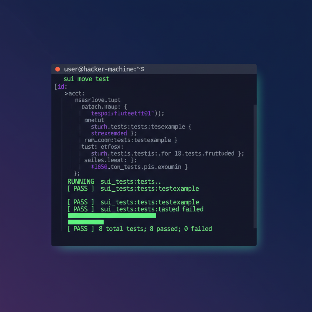 terminal running sui move test command with green pass results, code lines scrolling, dark mode hacker vibe