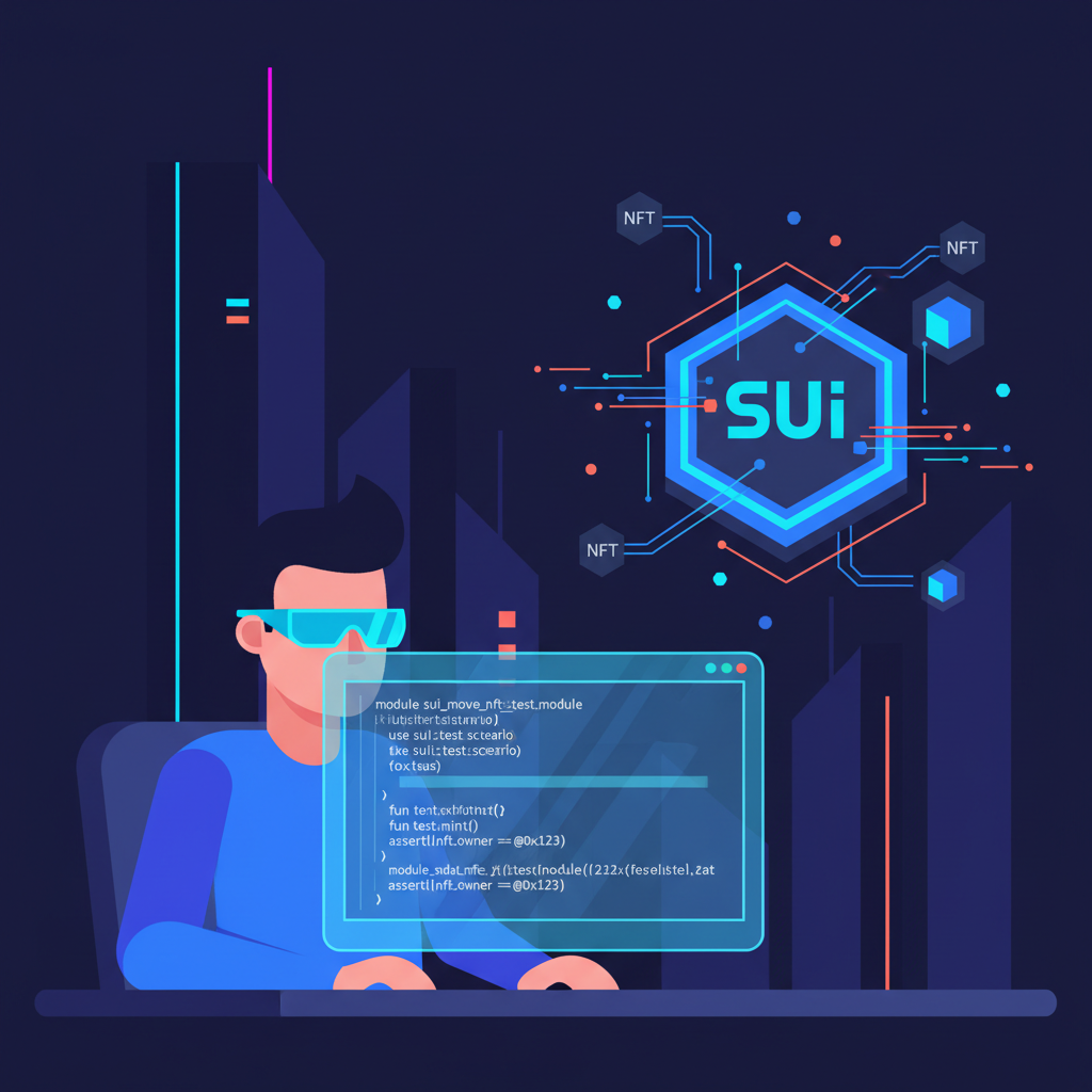 developer coding Sui Move NFT test module in IDE, holographic Sui blockchain elements, cyberpunk style