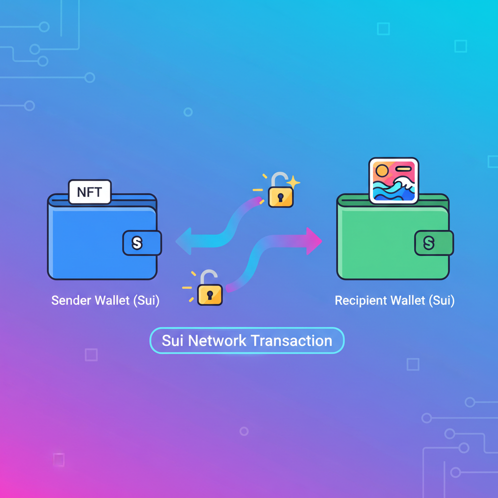 NFT token transferring between wallets on Sui network, animated arrows and locks, vibrant digital art