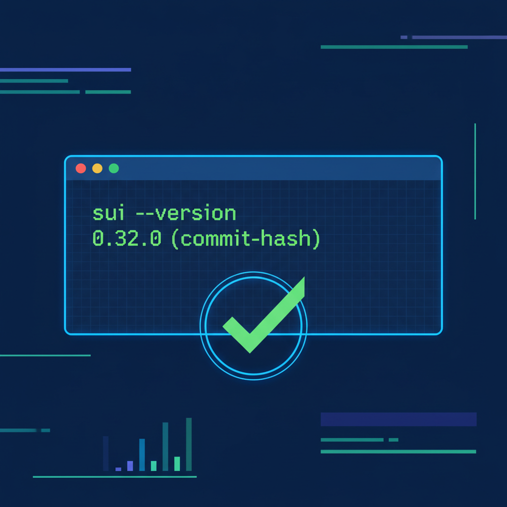 command line terminal displaying sui --version output, green checkmark, sci-fi interface