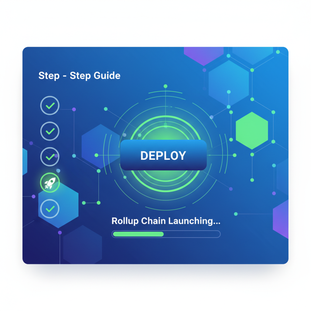 sleek deploy button on blockchain dashboard, green success animation, rollup chain launching, vibrant digital art