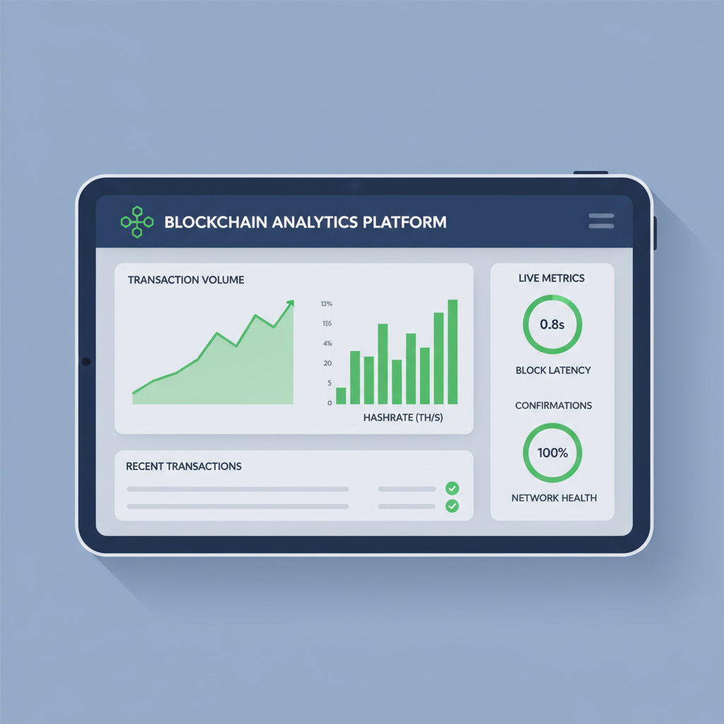 blockchain analytics dashboard with performance graphs, live metrics, green indicators, modern UI design