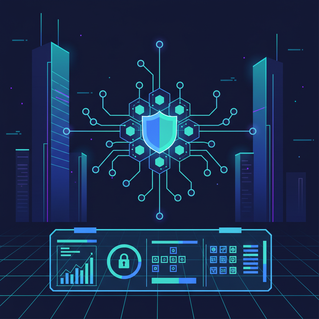 shield icon over blockchain network, scaling nodes expanding, security dashboard, cyberpunk style
