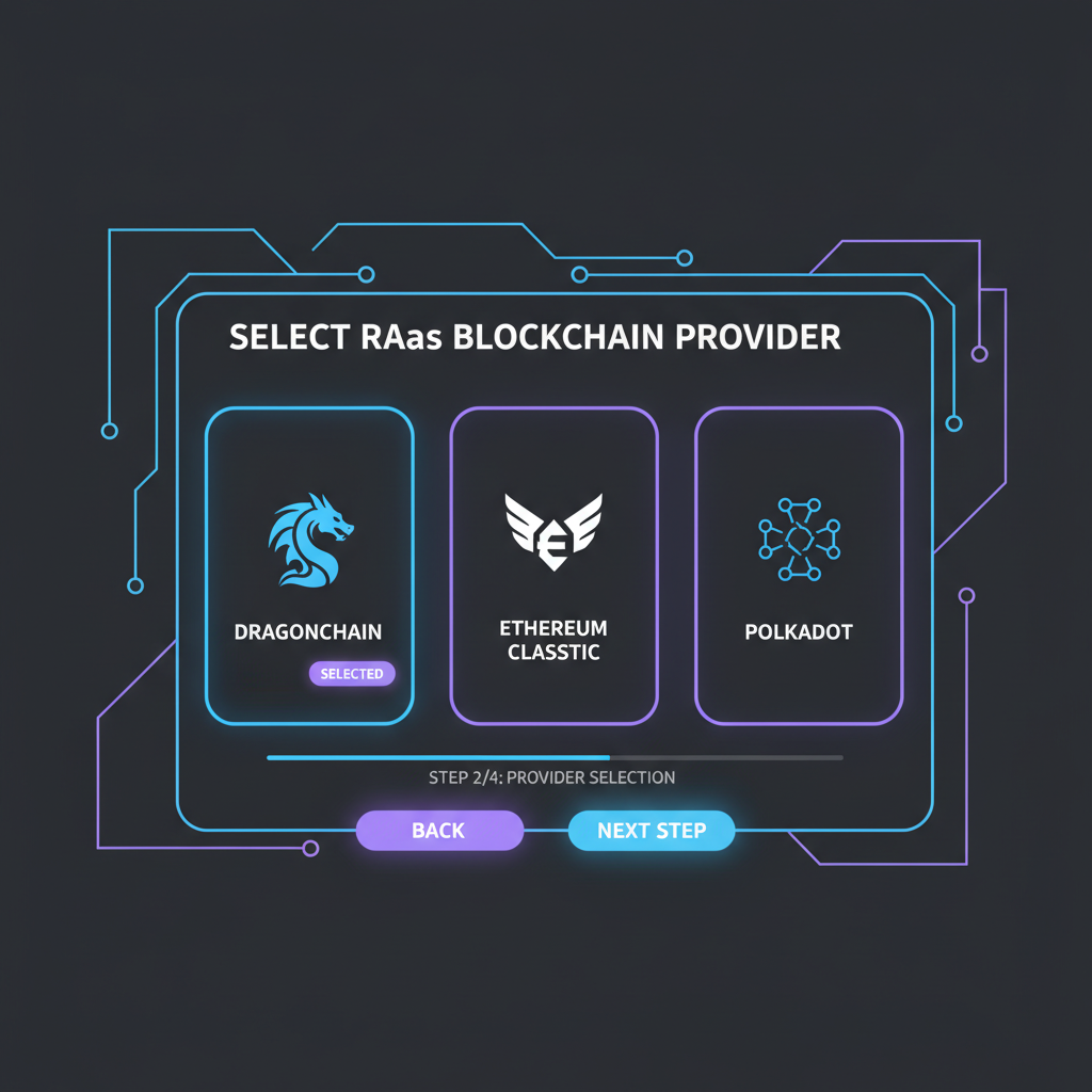 sleek dashboard selecting RaaS blockchain providers, futuristic UI, neon blues and purples, high-tech vibe