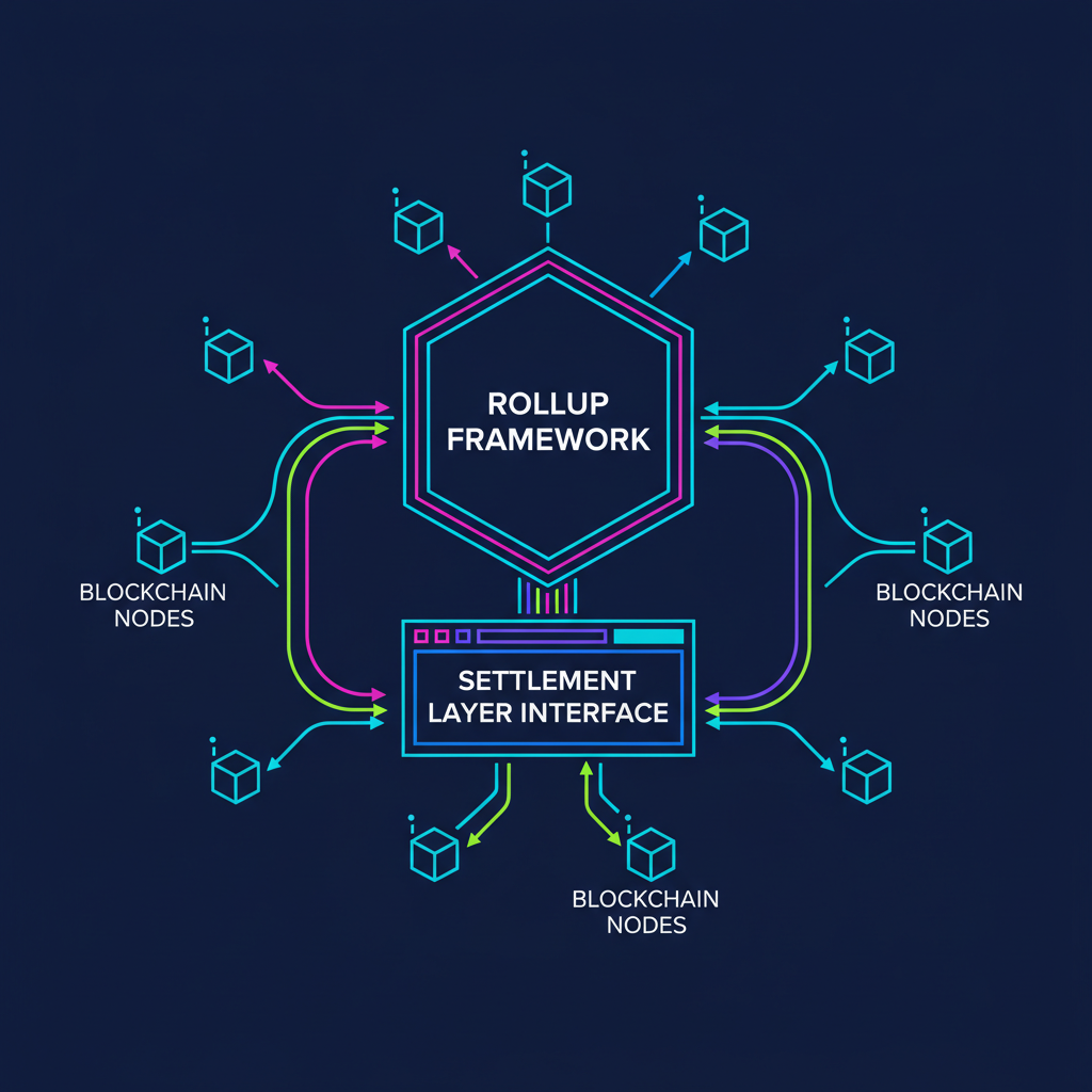 configuring rollup framework and settlement layer interface, blockchain nodes connecting, abstract digital network, vibrant tech colors