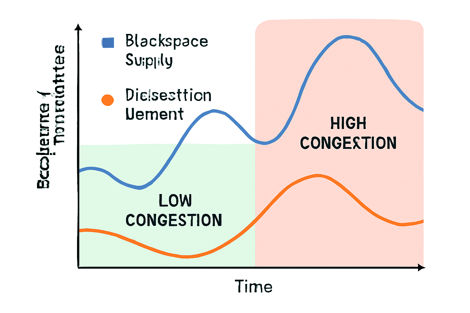 A dynamic graph showing blockspace supply rising and falling in sync with transaction demand, with highlighted low and high congestion periods.
