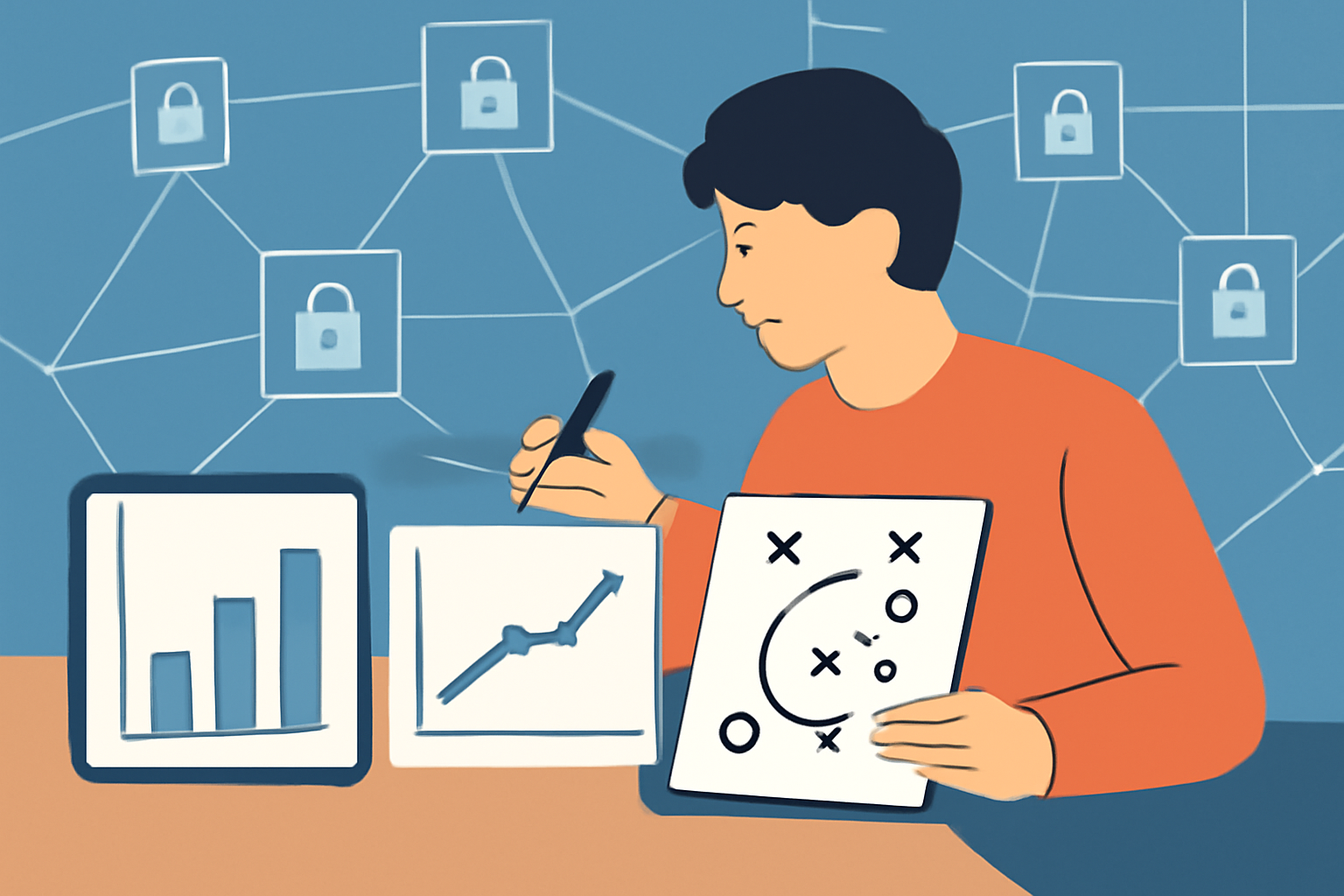 A person analyzing performance charts and adjusting strategy notes, with a blockchain network in the background.
