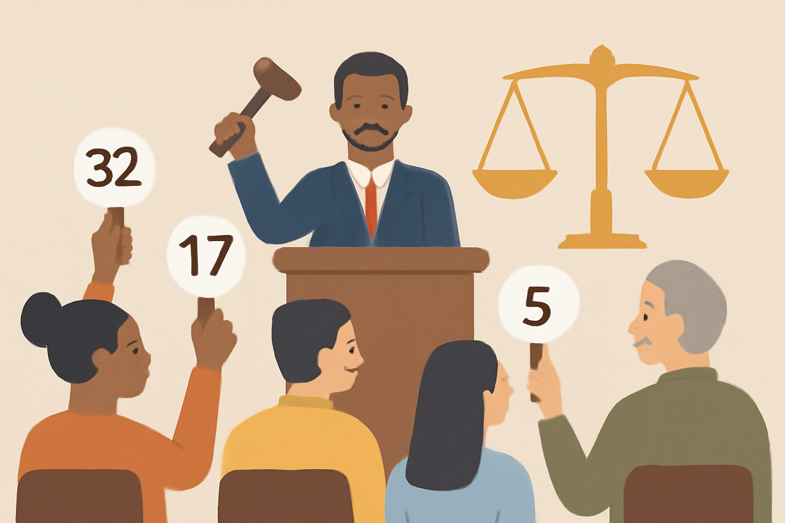 A digital auction scene with diverse bidders, a gavel, and a balanced scale, showing fairness and inclusivity, digital illustration