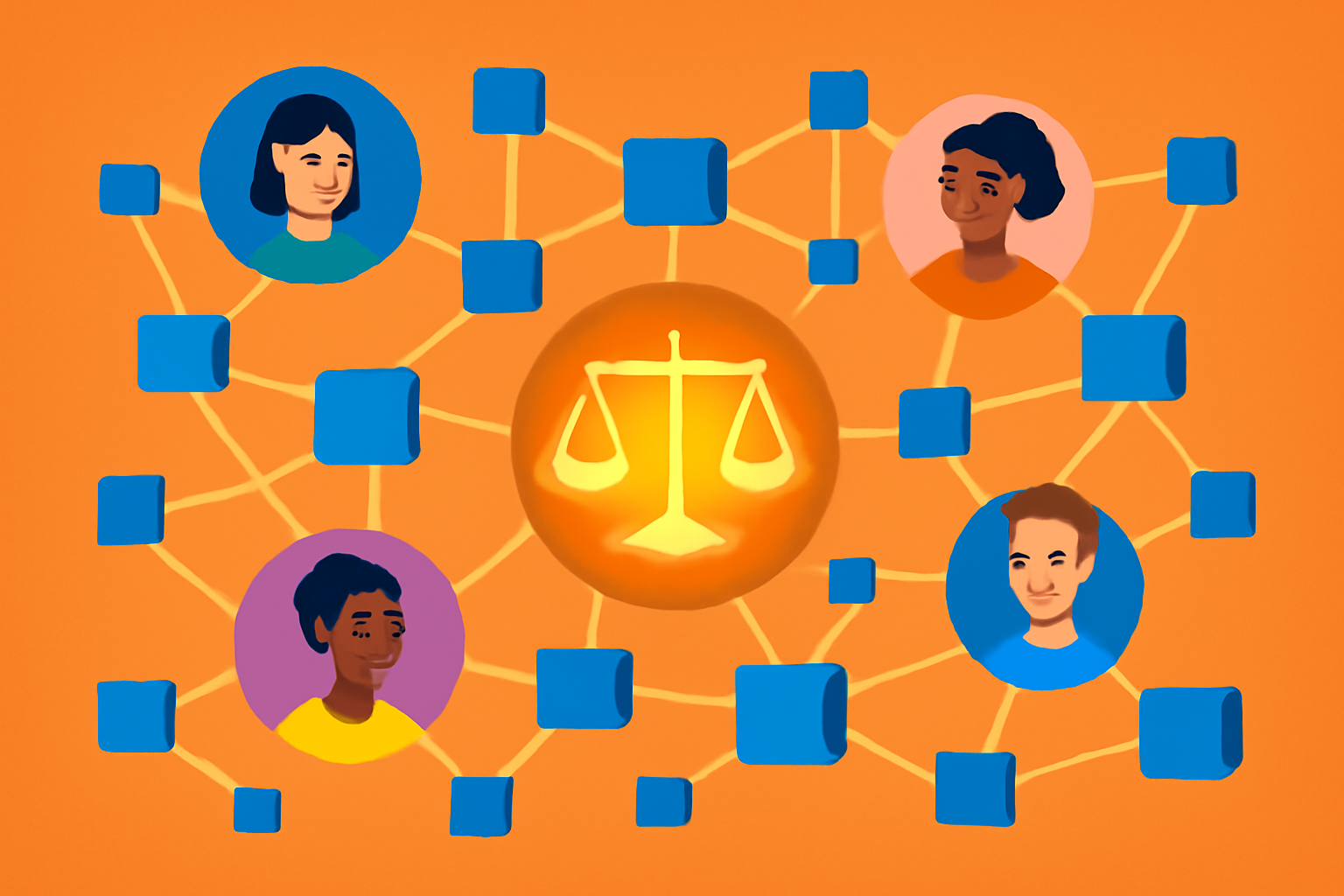 A vibrant blockchain network with interconnected nodes, diverse users, and a glowing fair market symbol at the center, digital art, inclusive and optimistic