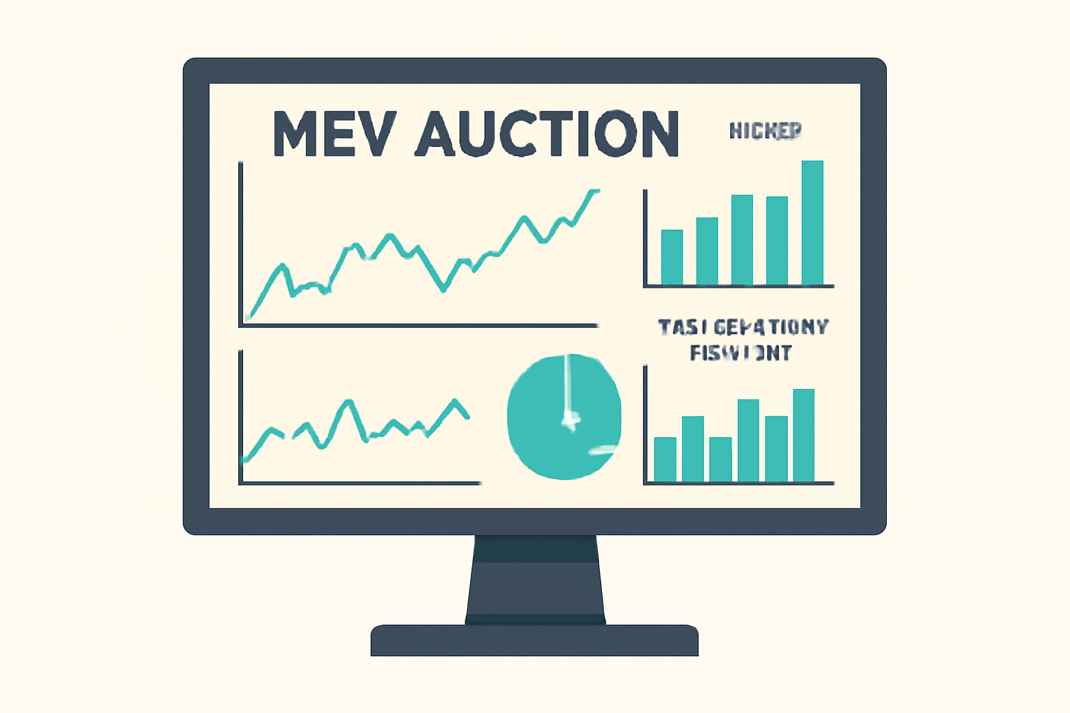 A computer screen displaying live charts and graphs of MEV auction data, with fluctuating prices and transaction volumes.