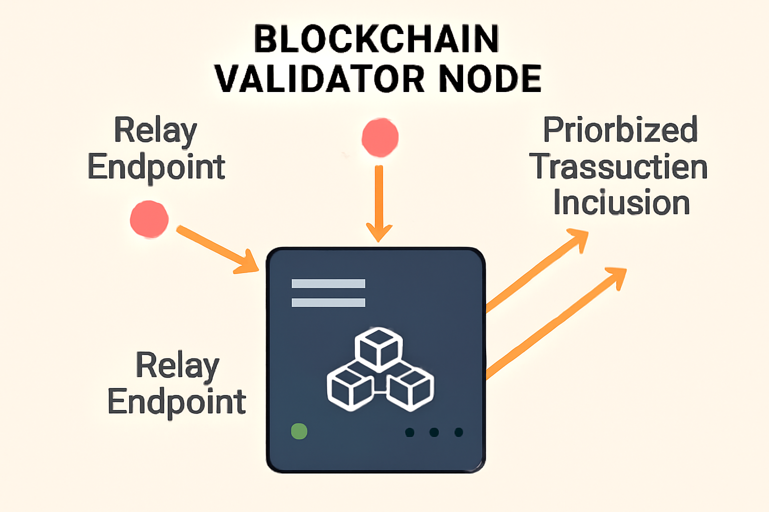 A close-up of a blockchain validator node, with highlighted relay endpoints and arrows showing prioritized transaction inclusion.