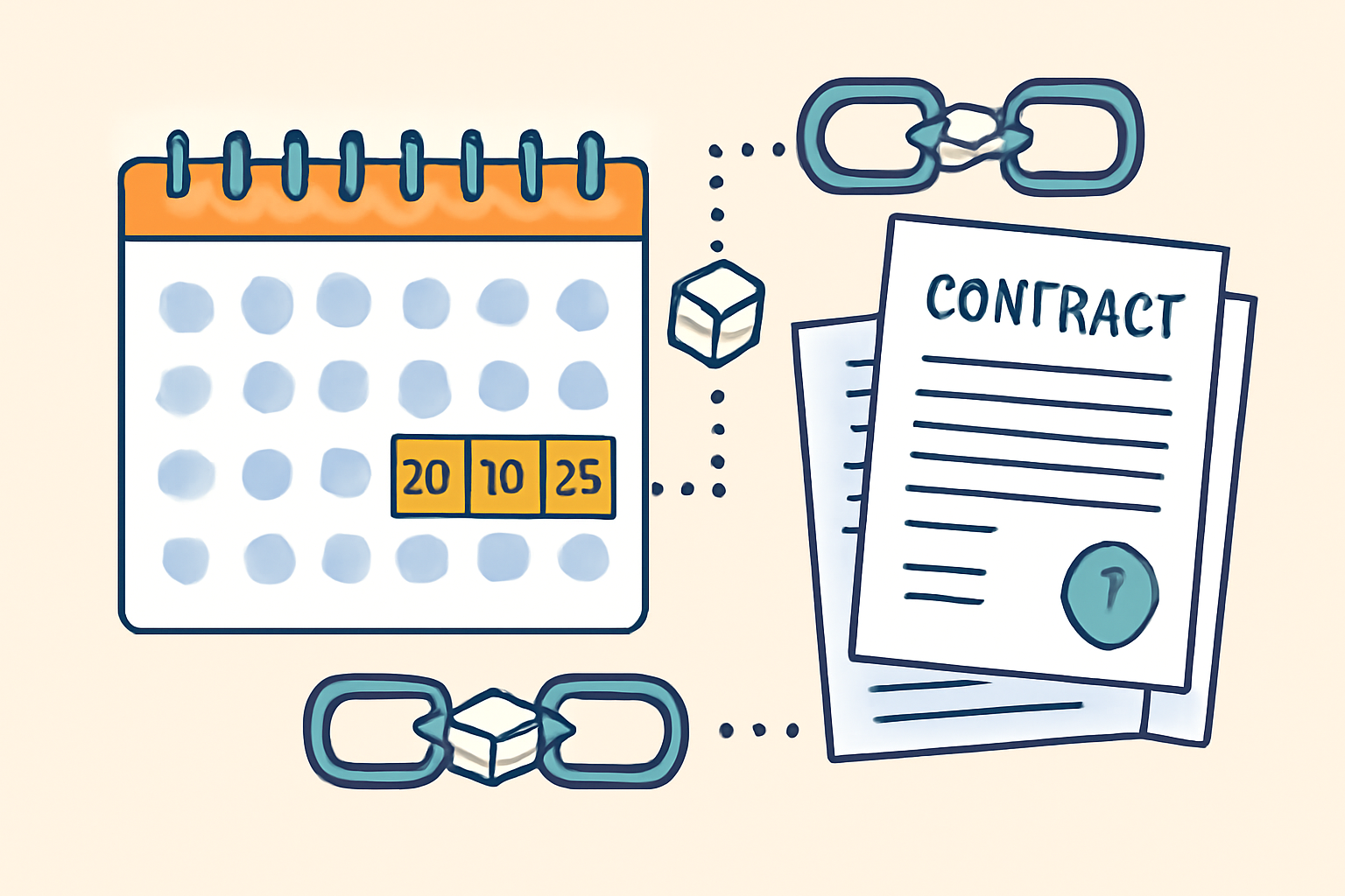 A calendar with highlighted future dates, overlaid with contract documents and blockchain symbols, digital art, clear and simple
