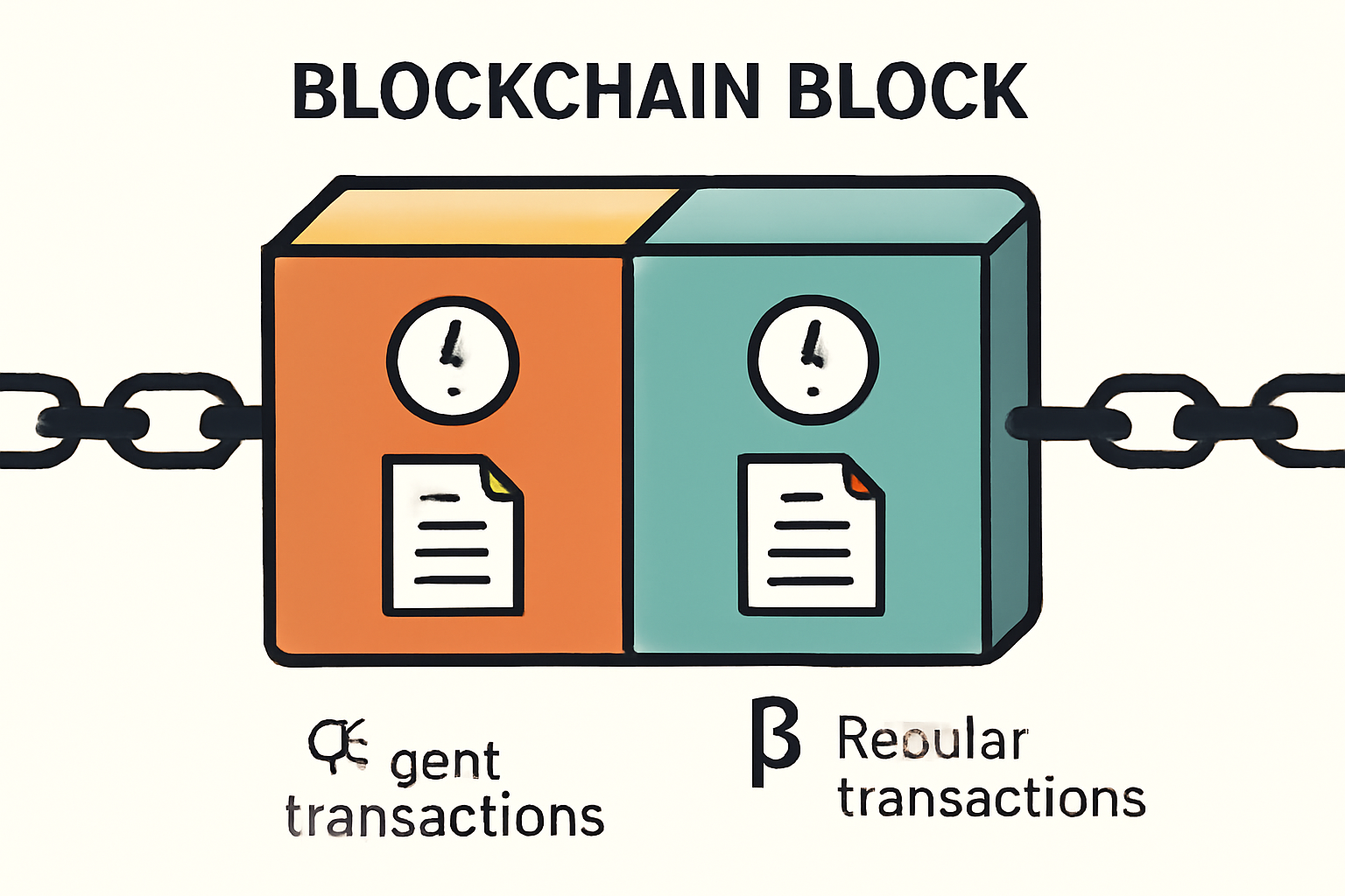 A stylized blockchain block split into two colored sections, labeled alpha (α) and beta (β), with icons representing urgent and regular transactions in each segment, digital art, clear labels