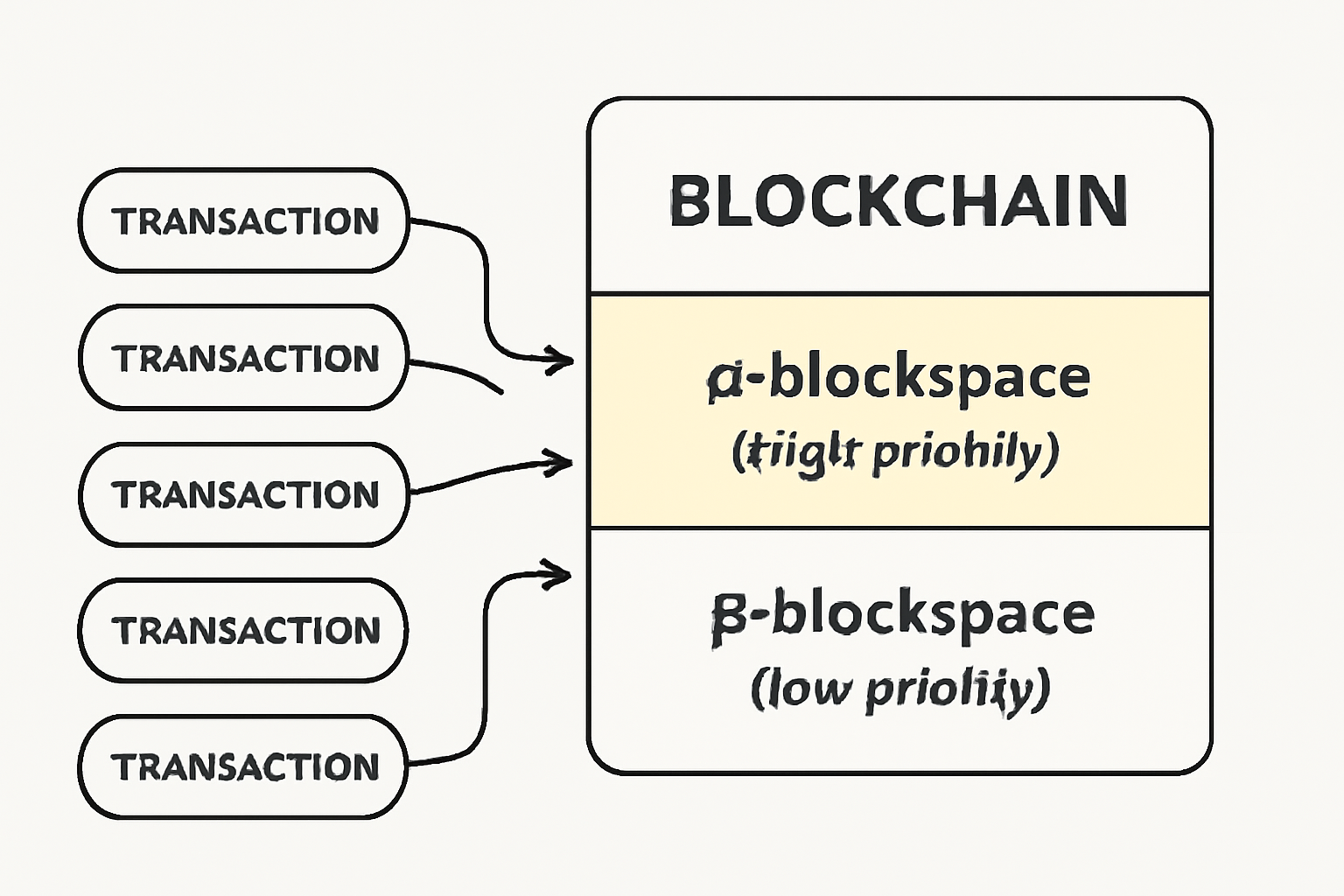 A diagram illustrating a blockchain block divided into two segments: one labeled α-blockspace (high-priority) and the other β-blockspace (low-priority), with arrows showing transaction flows.