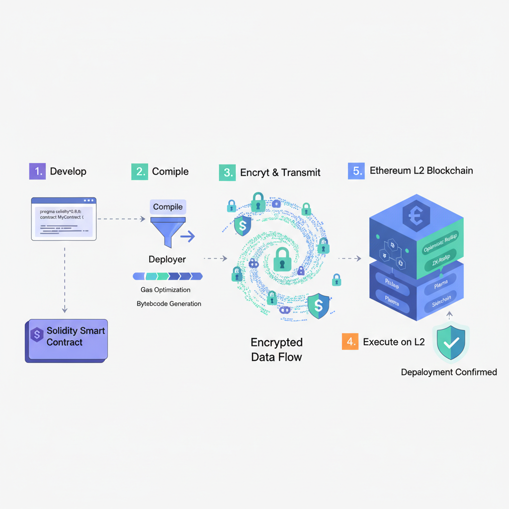 Solidity smart contract deploying to Ethereum L2 blockchain, encrypted data flows
