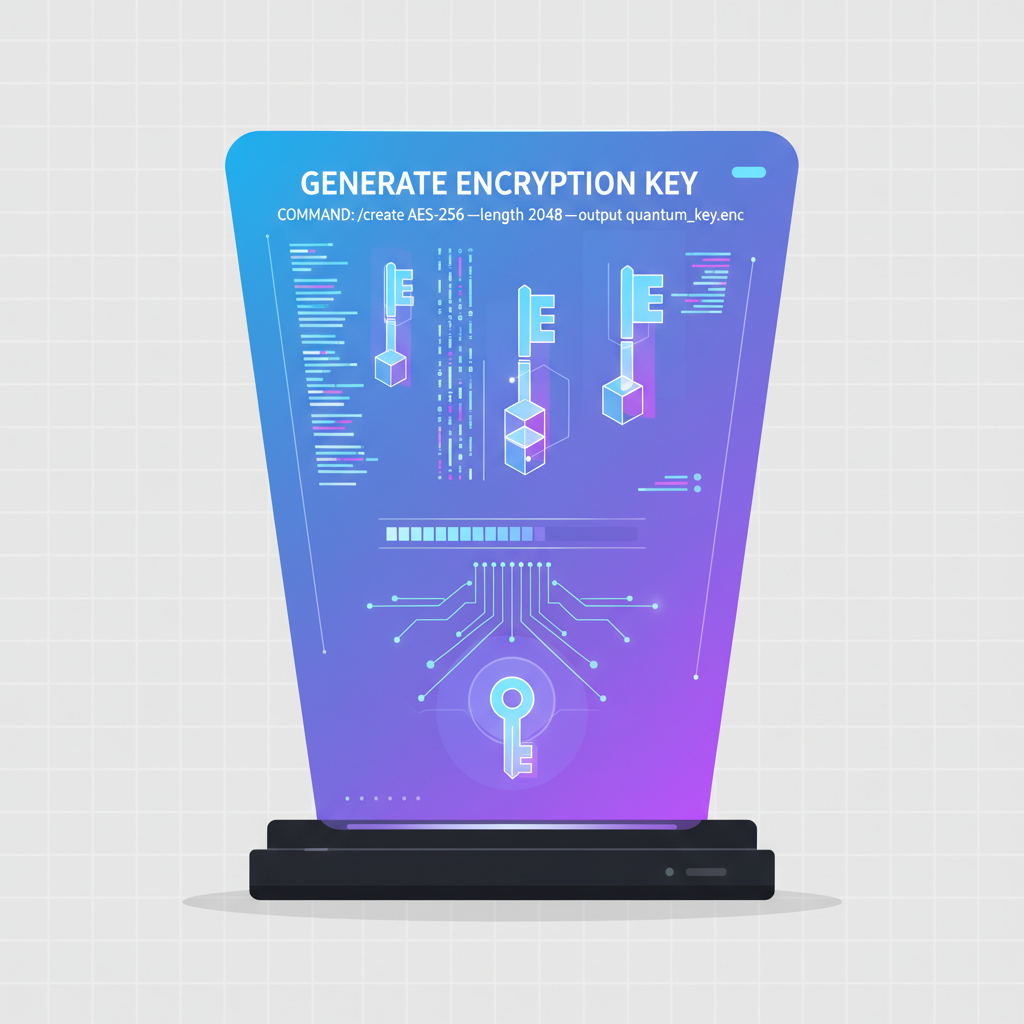 command line generating glowing encryption keys, futuristic holographic display