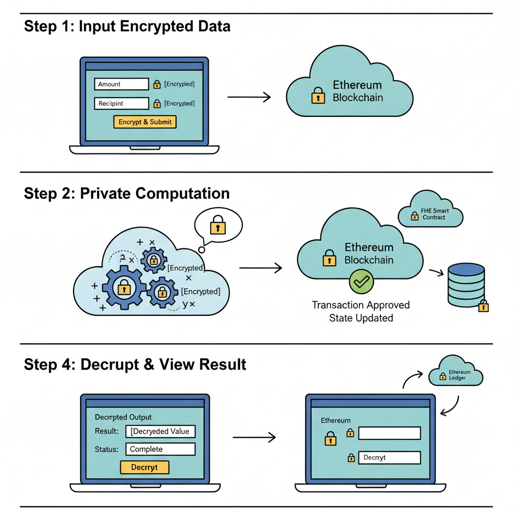 web dApp interface interacting with private FHE smart contract on Ethereum