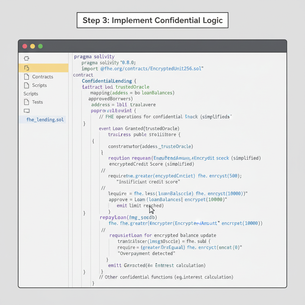 code editor with Solidity FHE smart contract for confidential lending