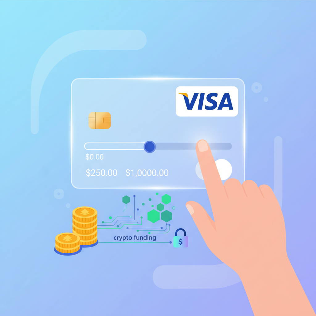 slider picking virtual card amount, Visa logo prominent, crypto funding animation --ar 16:9