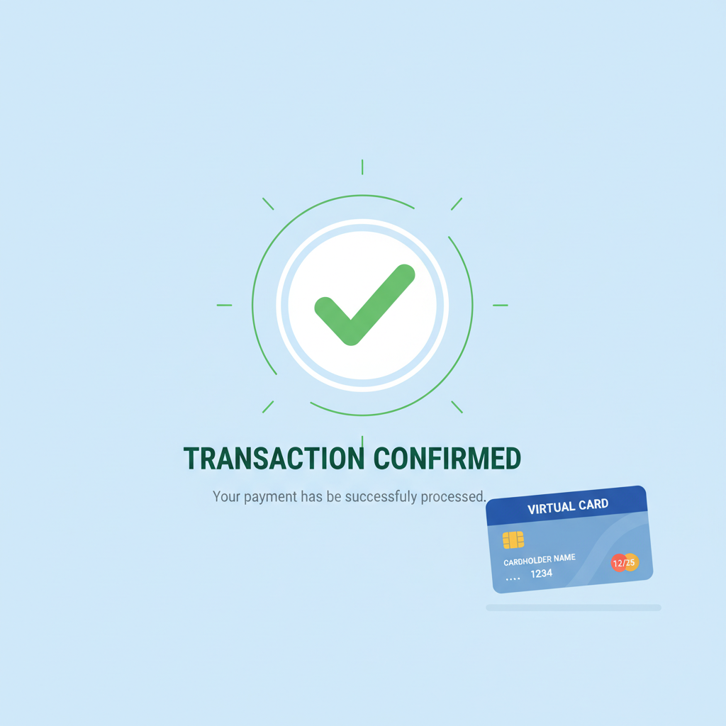 transaction confirmation screen, green checkmark, virtual card details popping up --ar 16:9