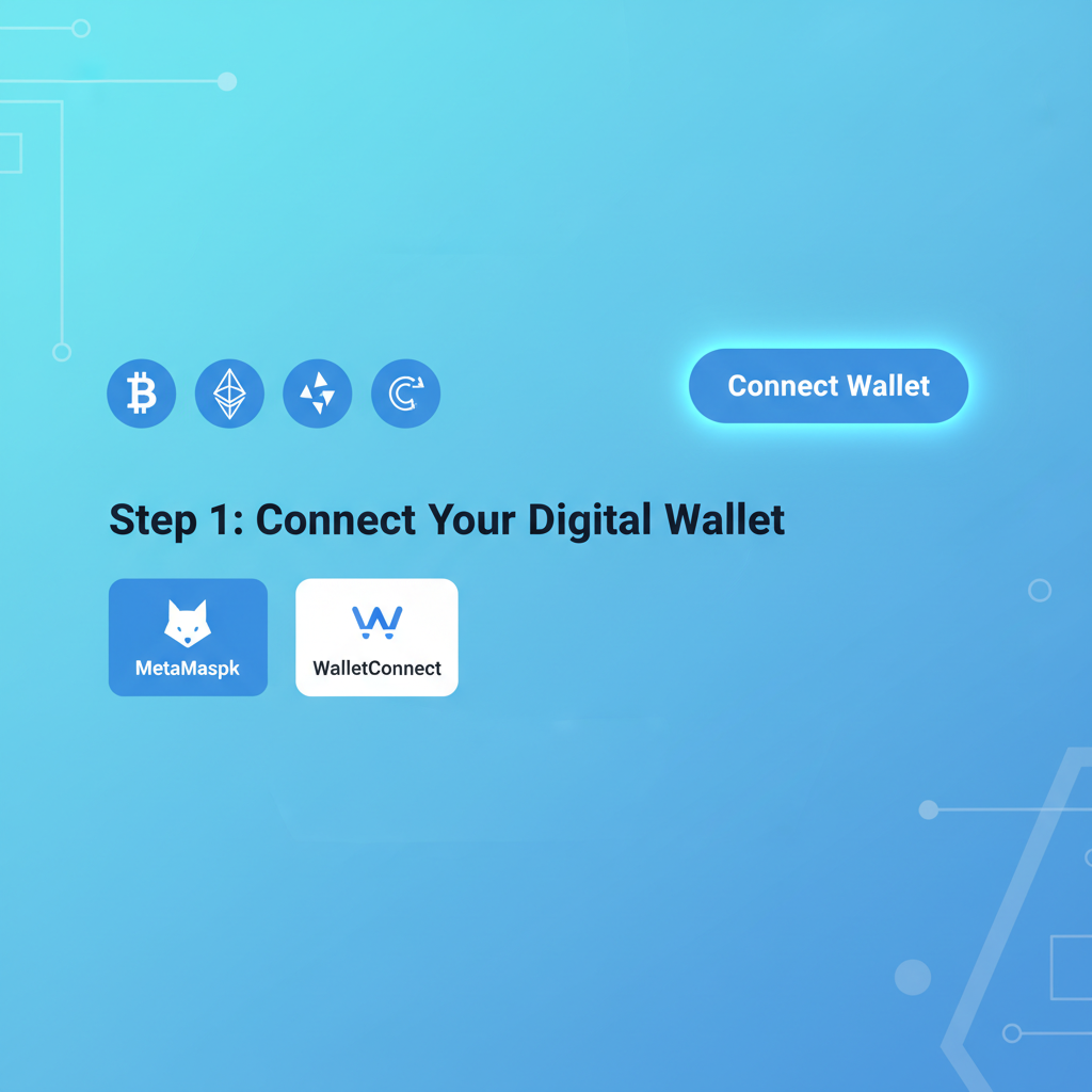 sleek web interface with wallet connect button glowing, crypto icons, modern UI, blue tones --ar 16:9
