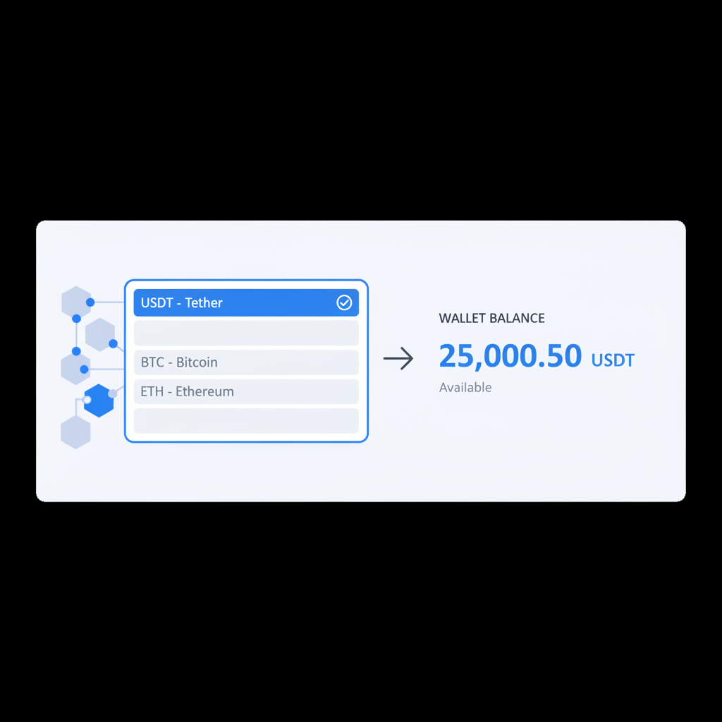 dropdown menu selecting USDT on blockchain network, wallet balance display, clean dashboard --ar 16:9