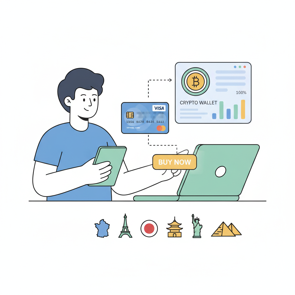 person shopping online with virtual Visa card, crypto wallet in background, global merchants --ar 16:9