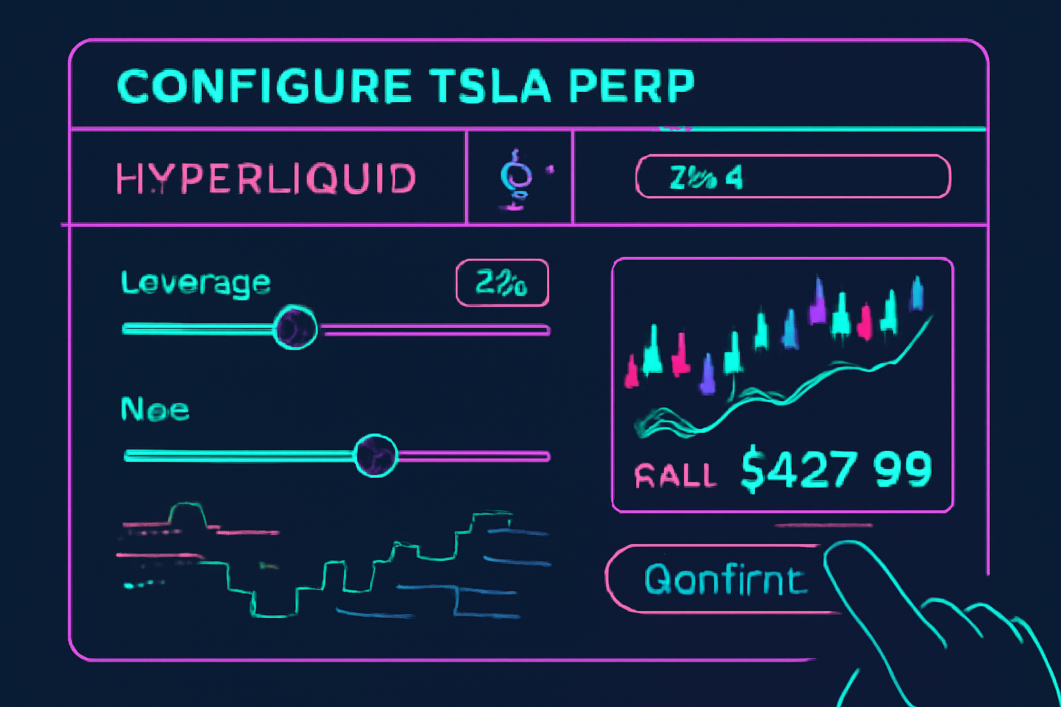 configuring TSLA perp parameters on Hyperliquid interface, sliders for 20x leverage, TSLA chart at $427.99, dynamic graphs, cyberpunk style