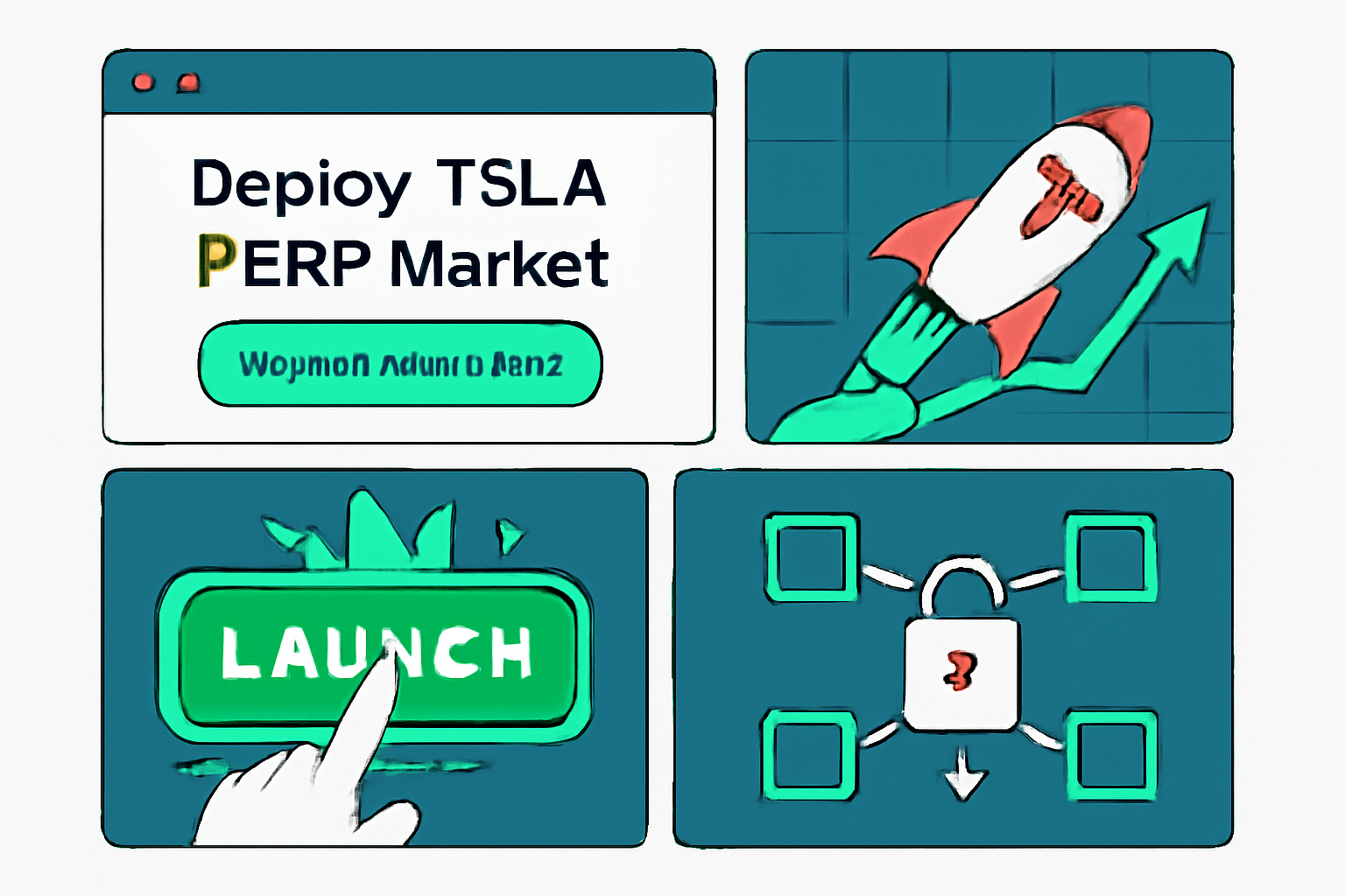 deploying TSLA perp market on Hyperliquid HIP-3, launch button exploding with green success, TSLA rocket chart soaring, blockchain network activating