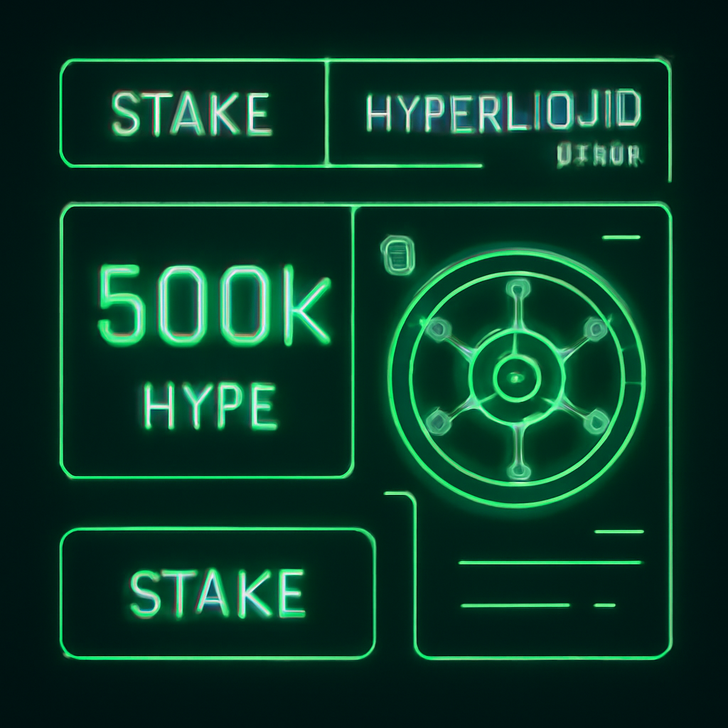 futuristic dashboard staking 500k HYPE tokens on Hyperliquid HIP-3, neon green glow, crypto vault lock, high-tech UI