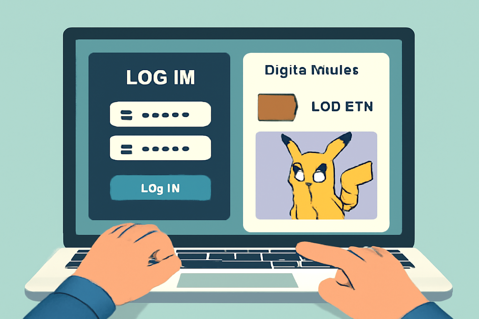 A user logging into a crypto platform on a laptop, with a digital wallet window and a Pokémon NFT visible on the screen.
