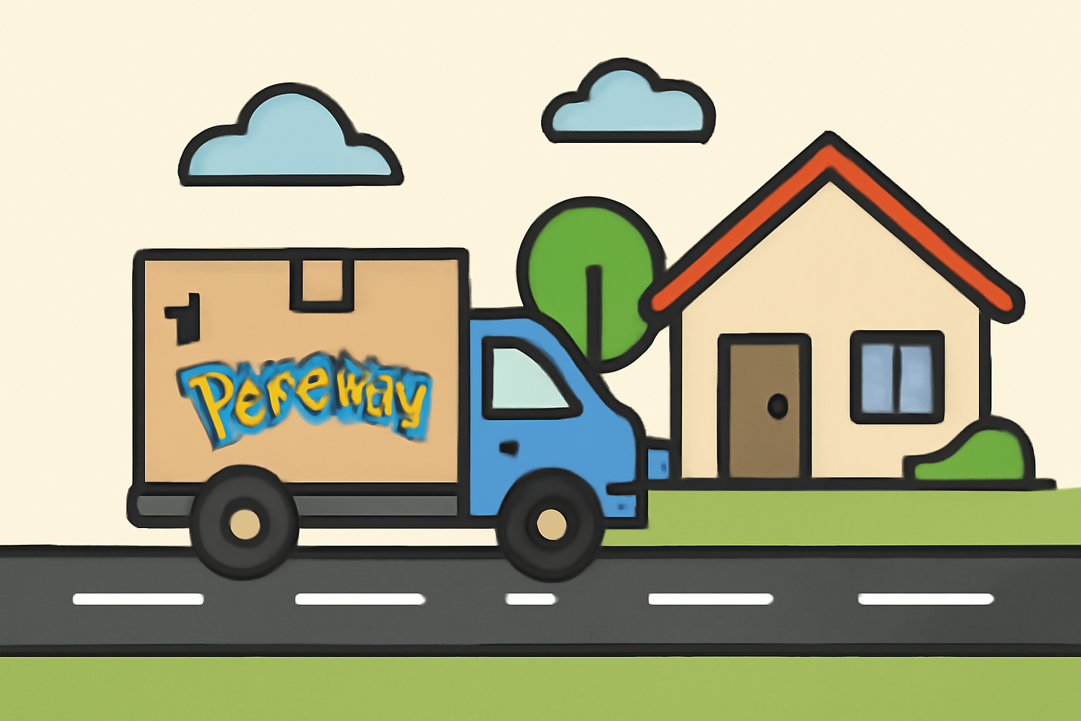A delivery truck carrying a sealed box with a Pokémon logo, traveling on a road toward a house.