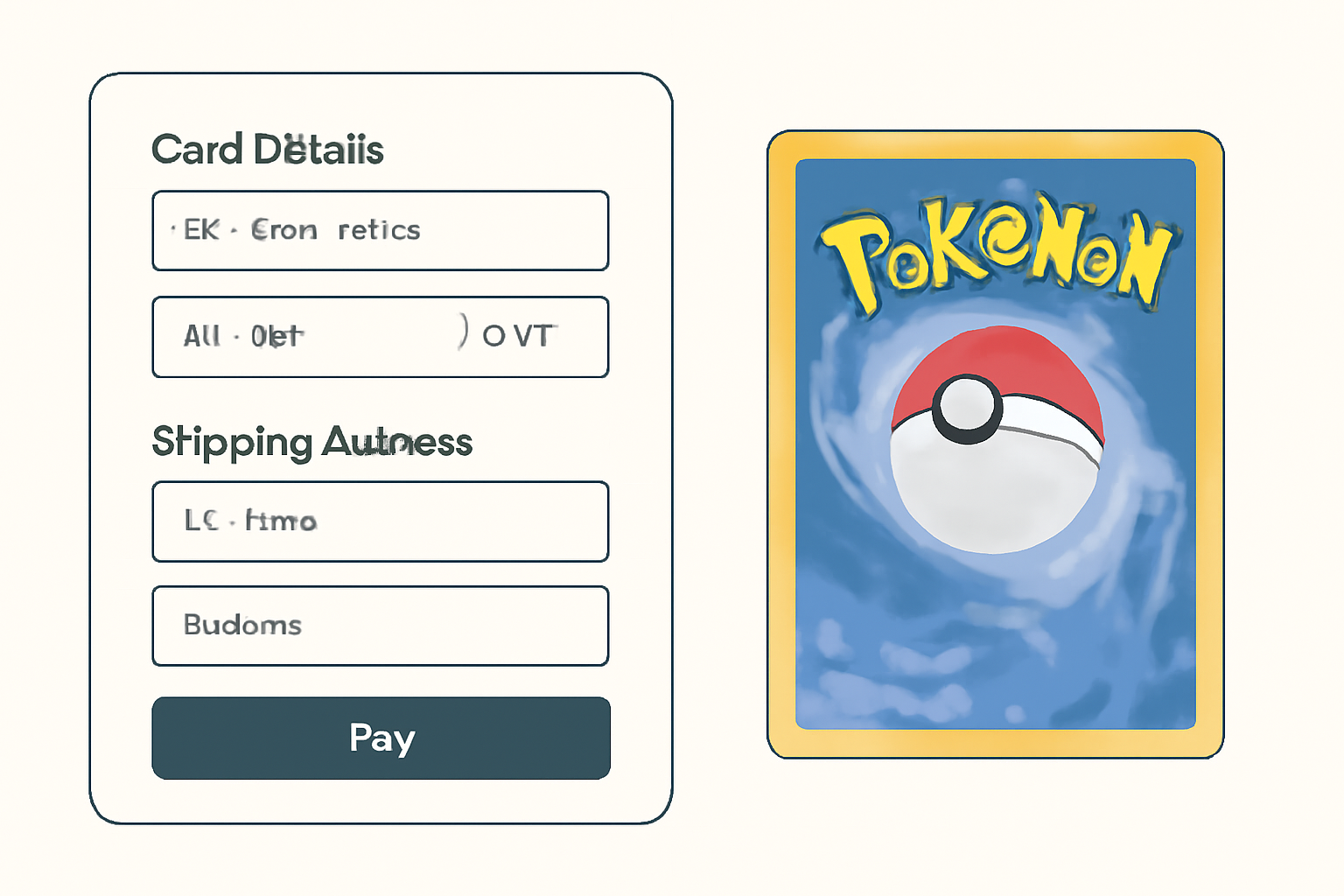 A digital form with card details and shipping address fields, with a Pokémon card image beside it.
