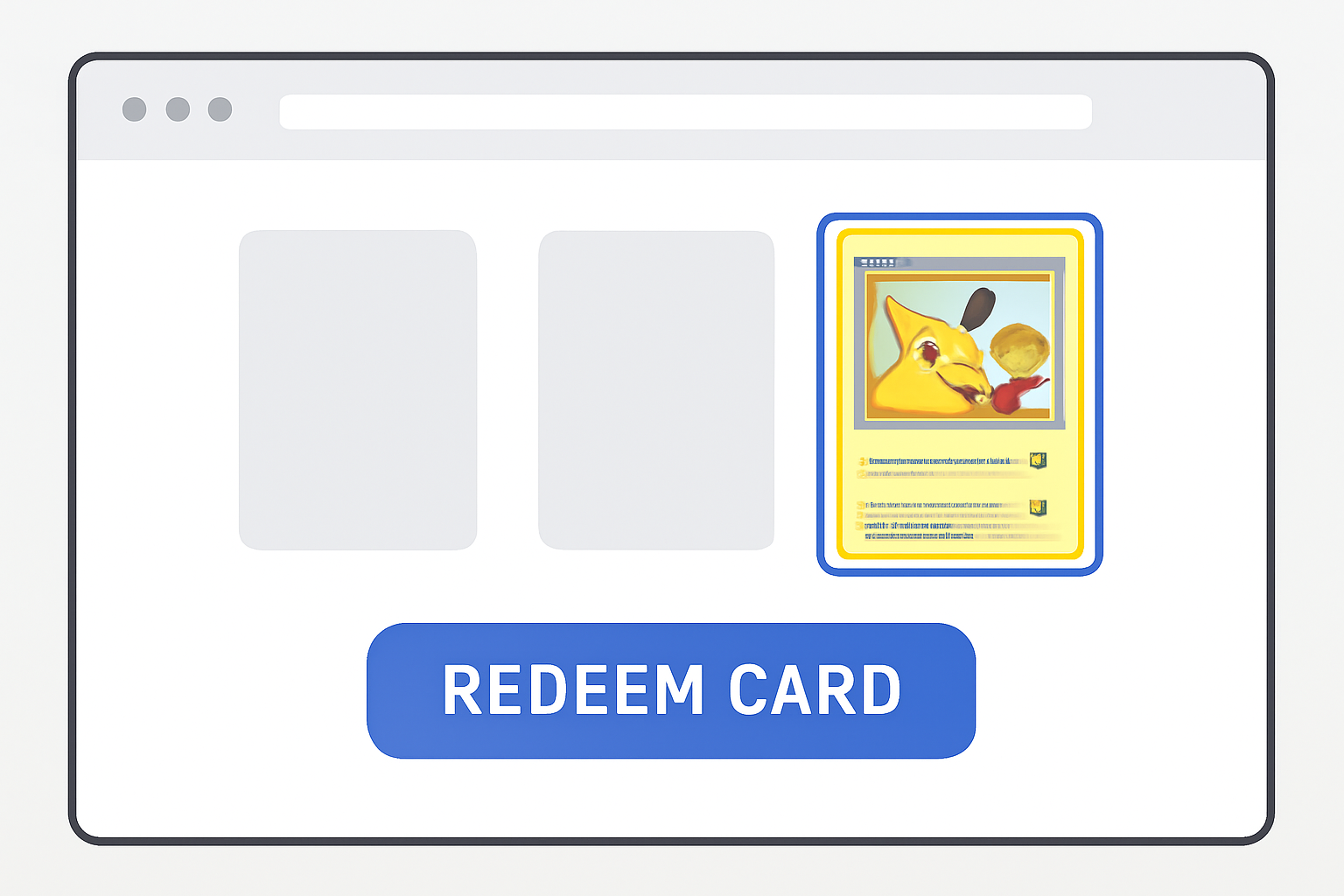A website interface with a 'Redeem Card' button and a digital Pokémon card selected.
