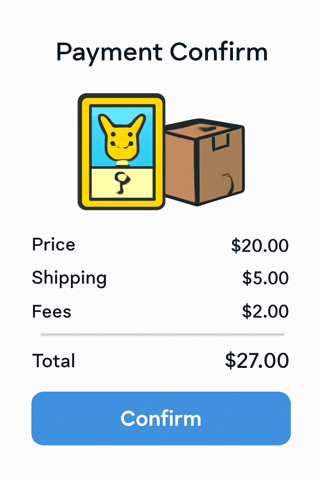 A payment confirmation screen showing a breakdown of fees, with a Pokémon card and shipping box icon.