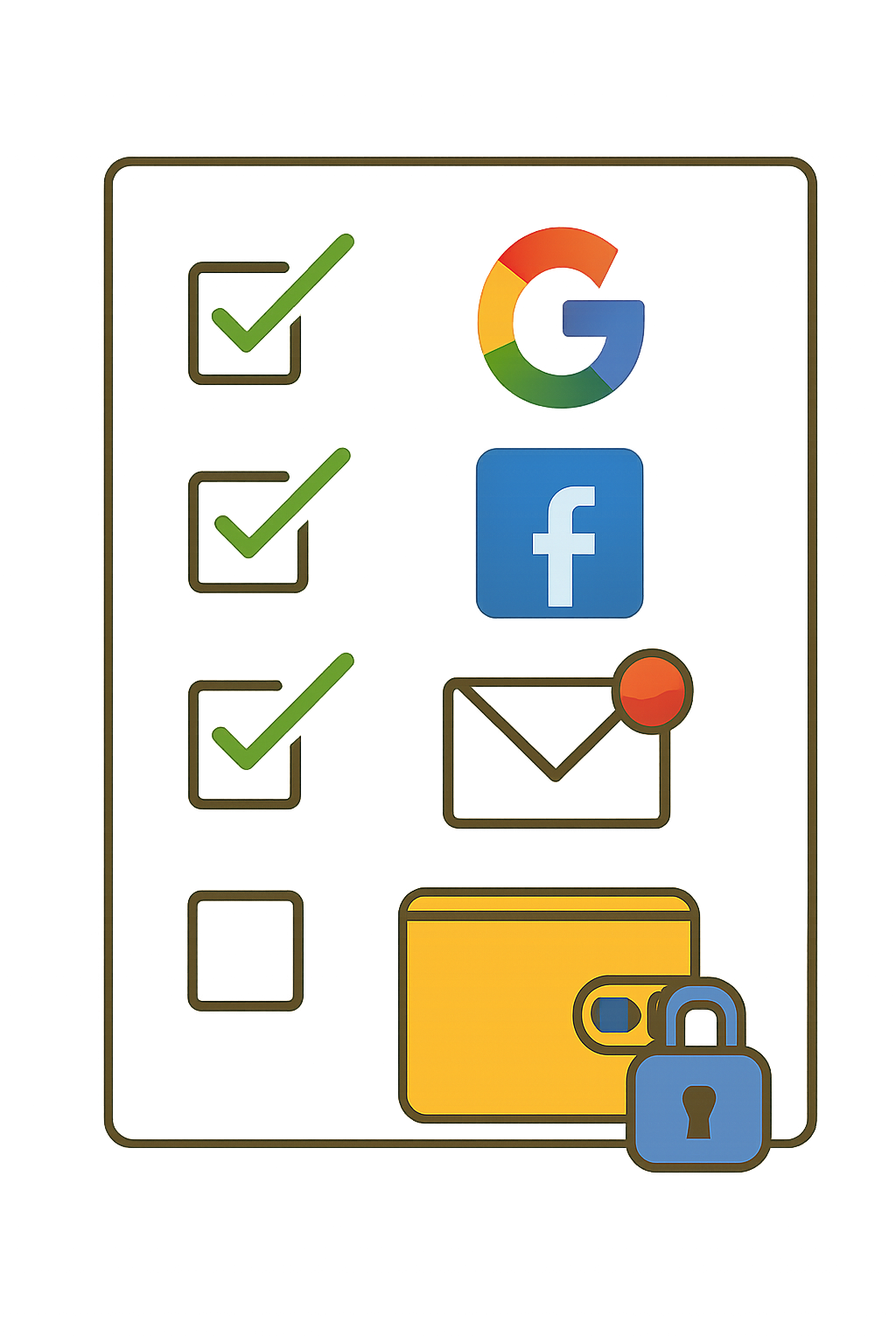 A checklist with platform logos, an email notification, and a secure wallet icon.