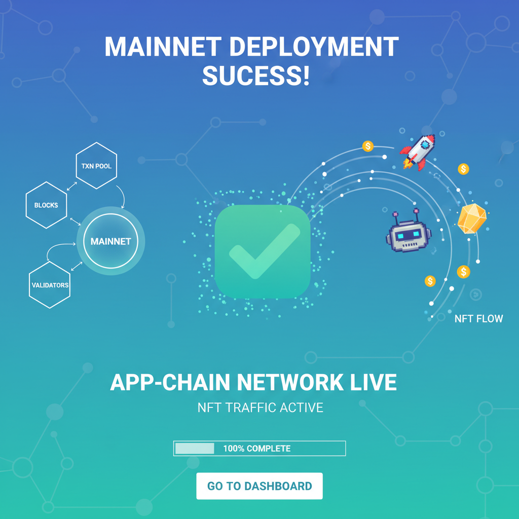 mainnet deployment success screen, app-chain network live with NFT traffic