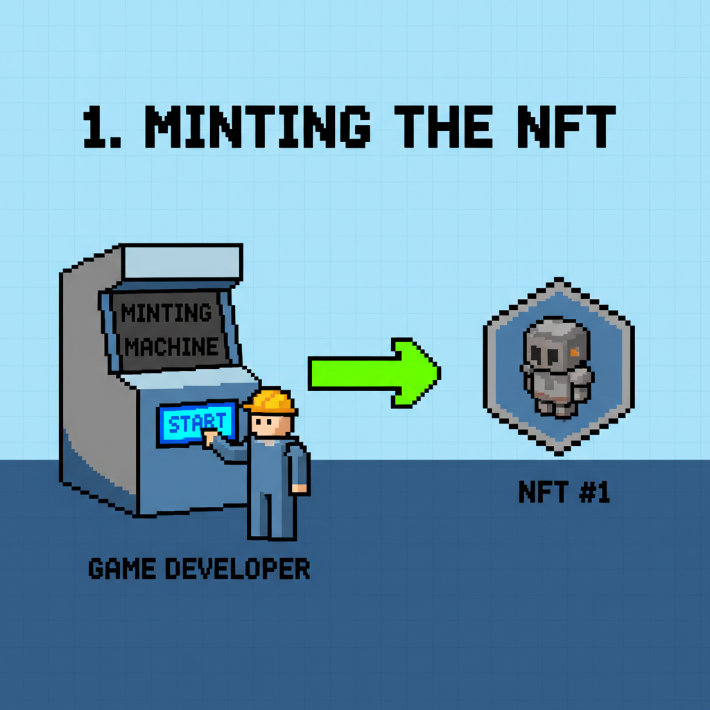 smart contract code for dynamic NFT mint glowing on screen, pixel art game assets