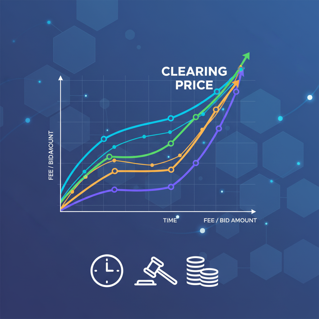 dynamic fee auction graph with rising bidding curves, blockchain network background