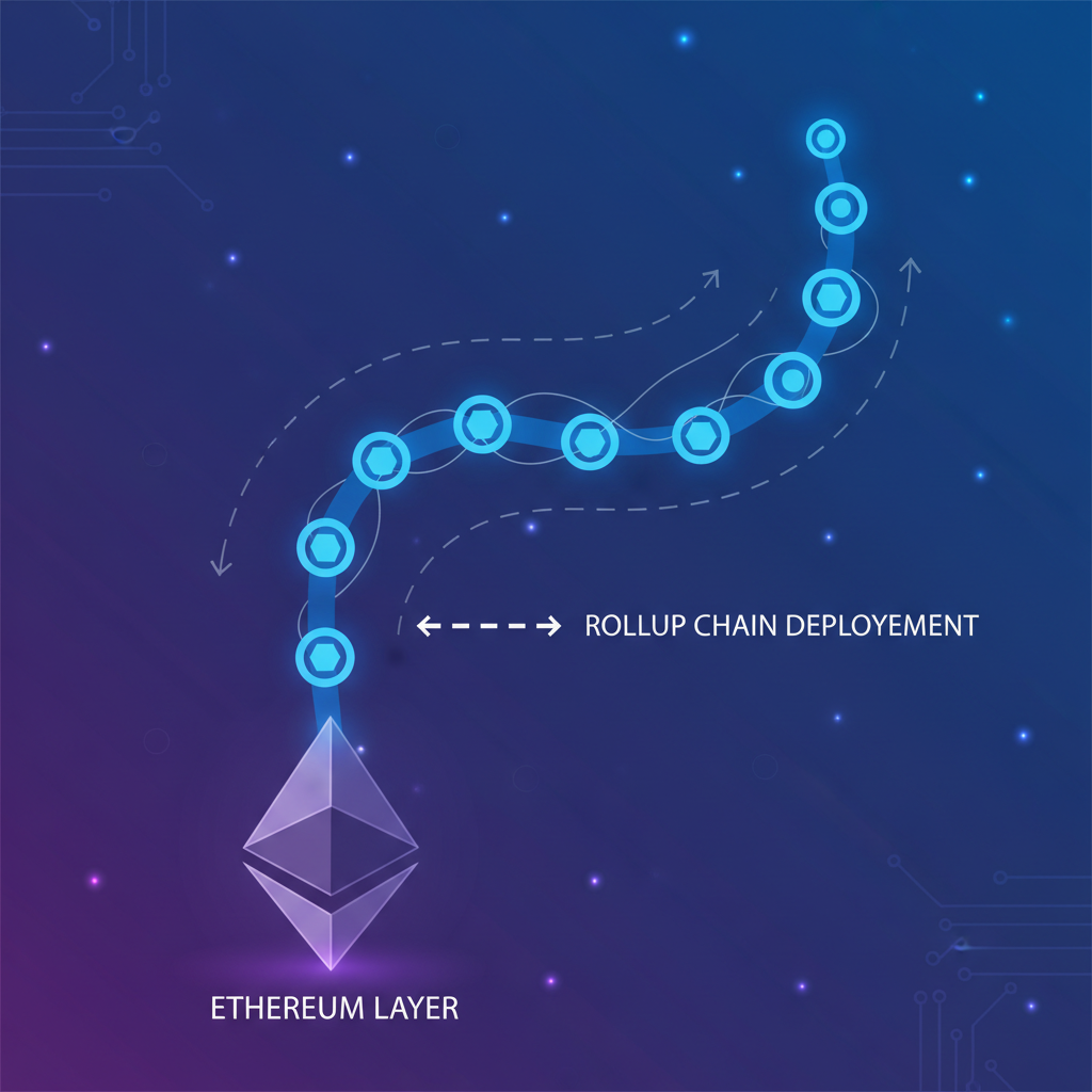 abstract rollup chain deploying from Ethereum layer, glowing blue nodes connecting