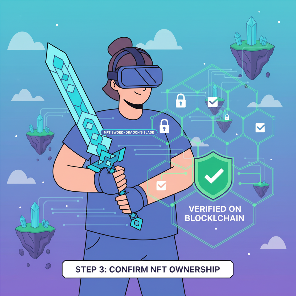 gamer holding NFT sword in virtual world, blockchain verification overlay