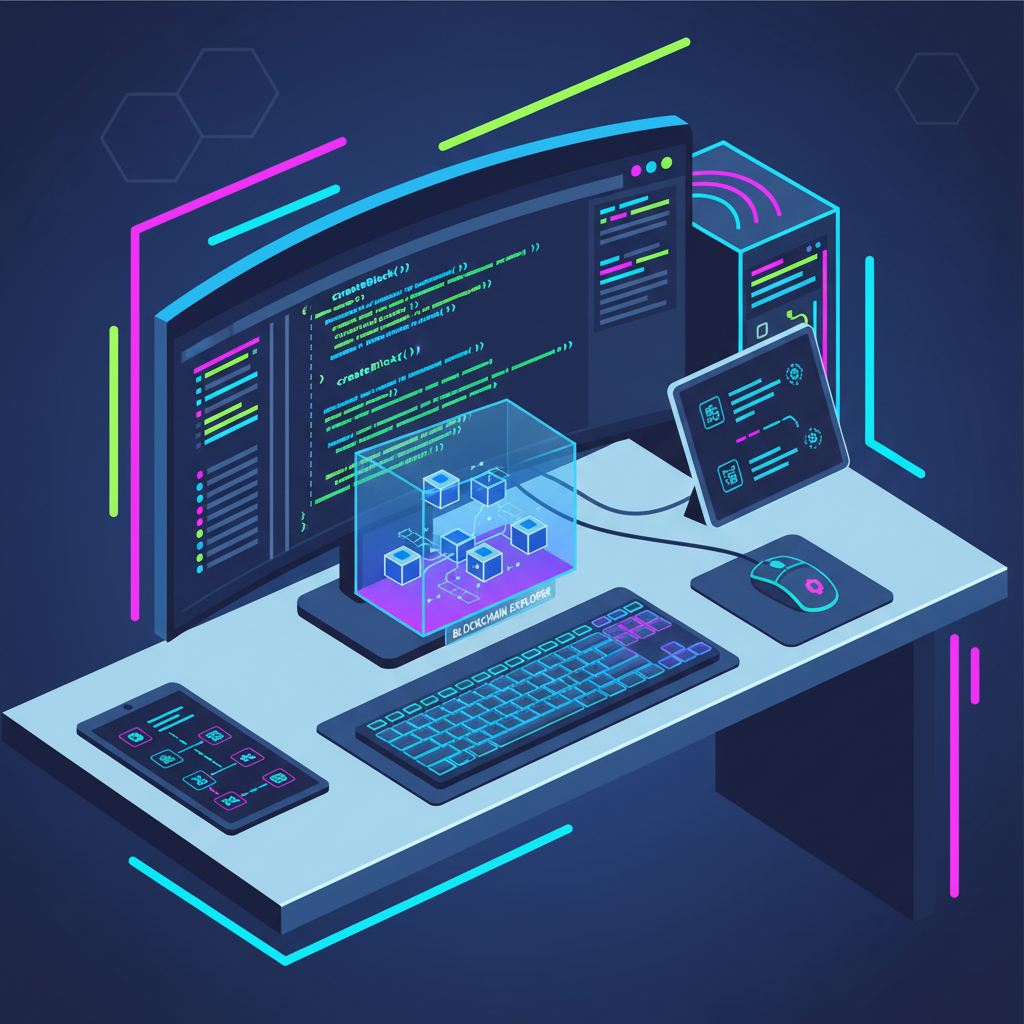 developer workstation with blockchain tools and code editor, futuristic neon glow