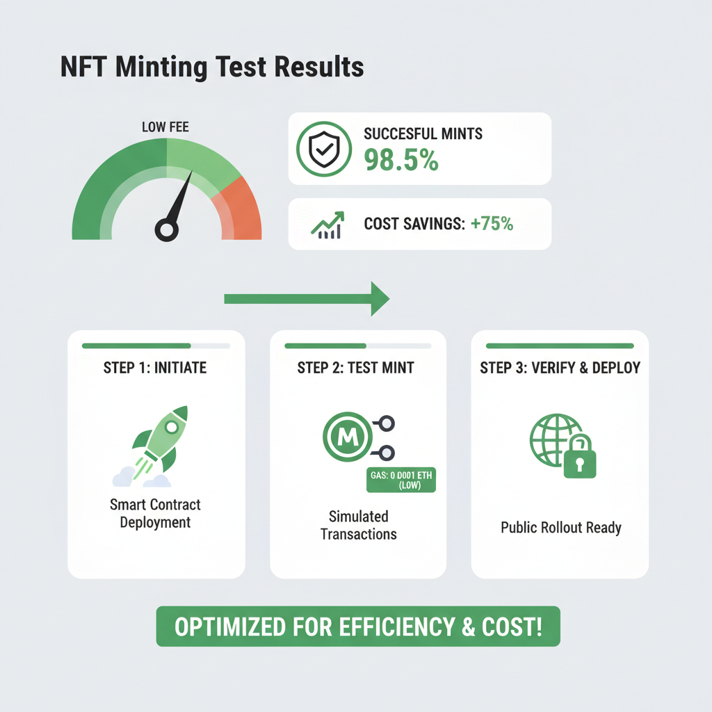 testing dashboard showing low fee NFT mints, green success metrics