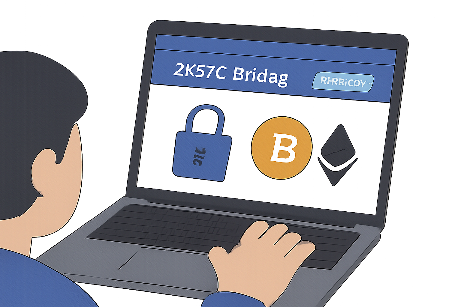 A user accessing the zkBTC Bridge platform on a laptop, with a secure lock icon and Bitcoin/Ethereum logos visible.