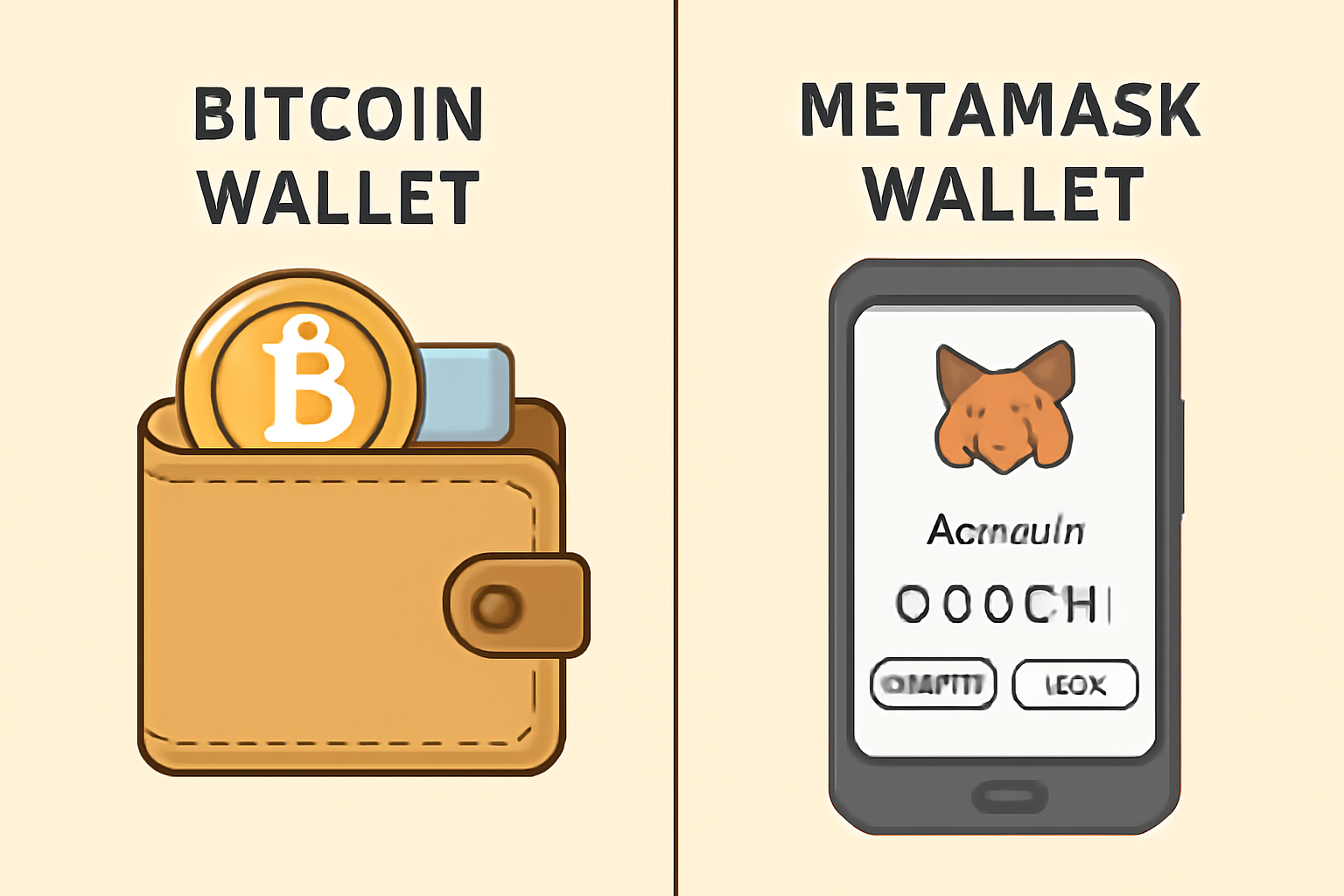 A split image showing a Bitcoin wallet on one side and an Ethereum wallet (MetaMask) on the other, both open and ready for use.