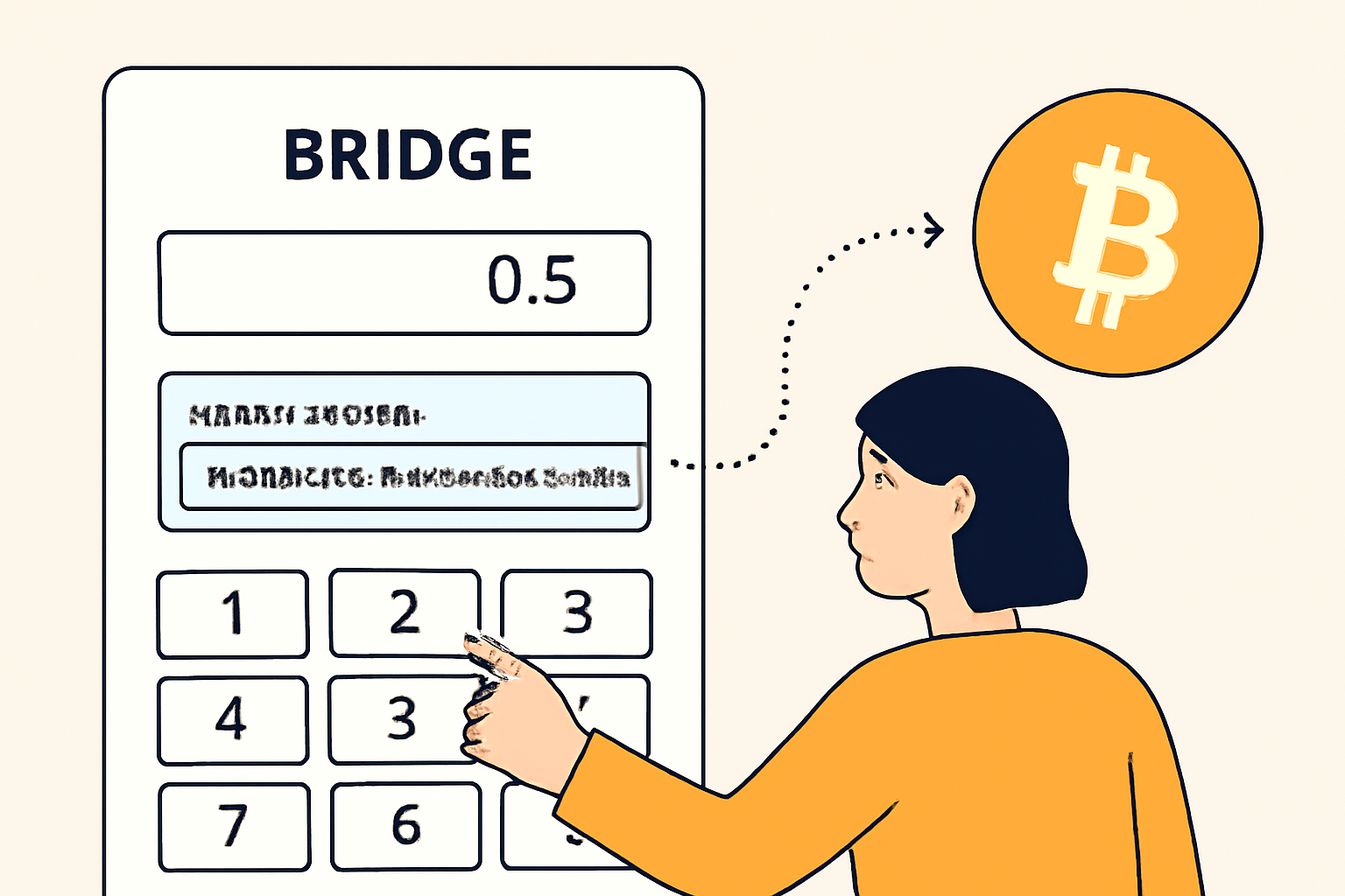 A user entering a BTC amount on the bridge interface, with a highlighted deposit address and a visual of BTC being sent.