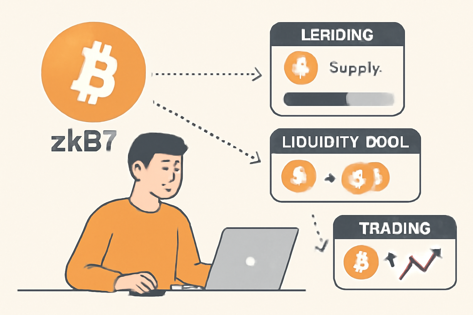 A user interacting with various DeFi platforms, showing zkBTC tokens being used in lending, liquidity pools, and trading apps.