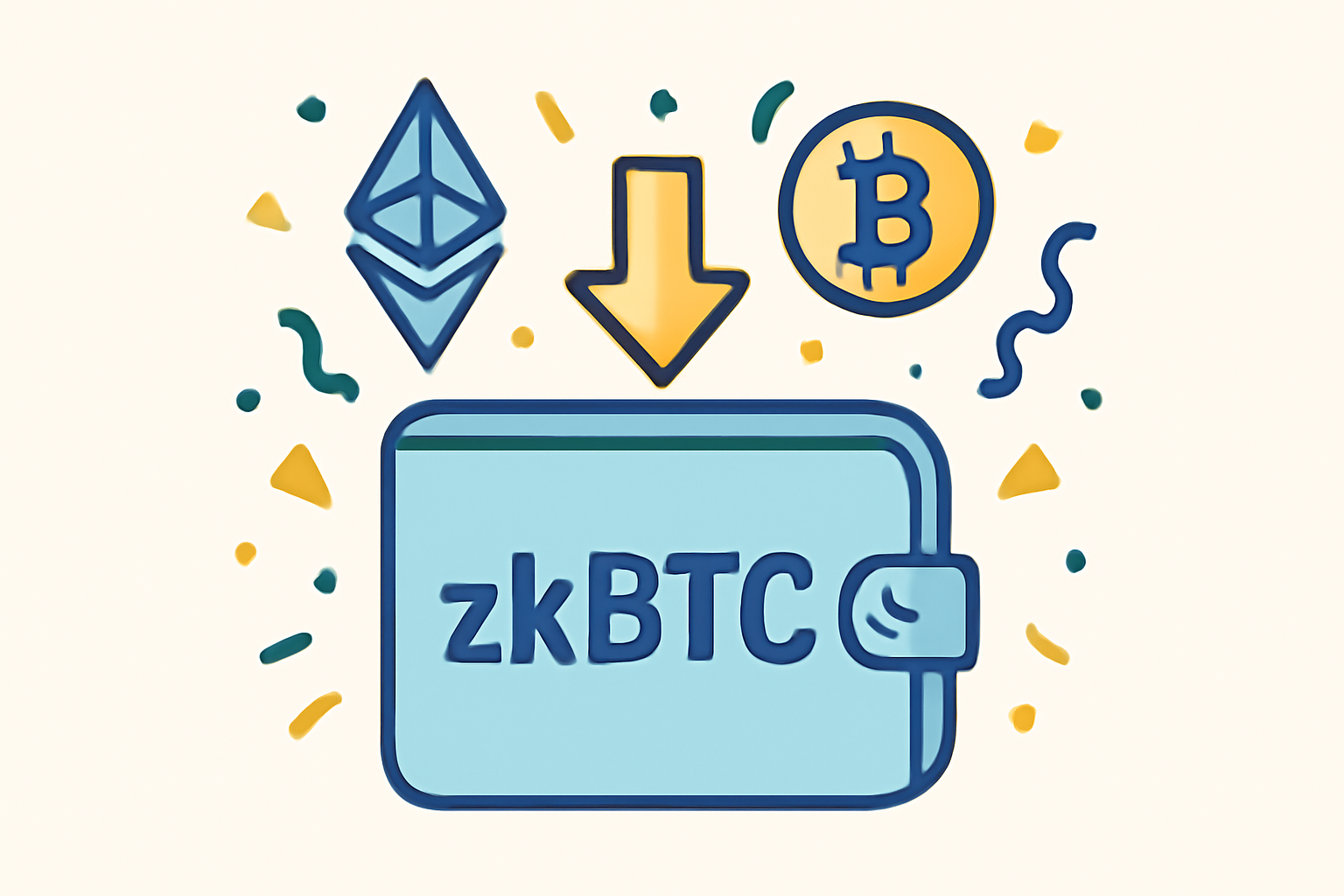 An Ethereum wallet receiving zkBTC tokens, with confetti and Ethereum/Bitcoin symbols celebrating the successful transfer.
